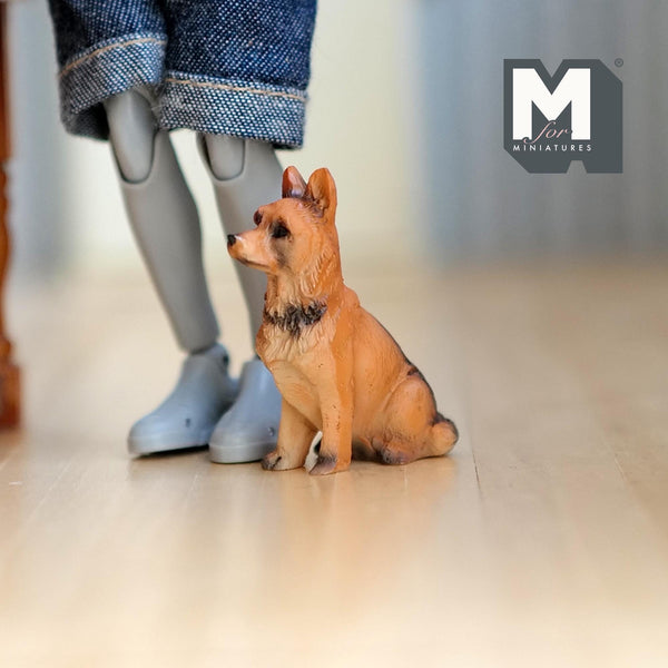 Miniature Sitting German Shepherd 1:12 Scale Dog Figurine 1-1/2 inch tall (cast resin) (tan) -
