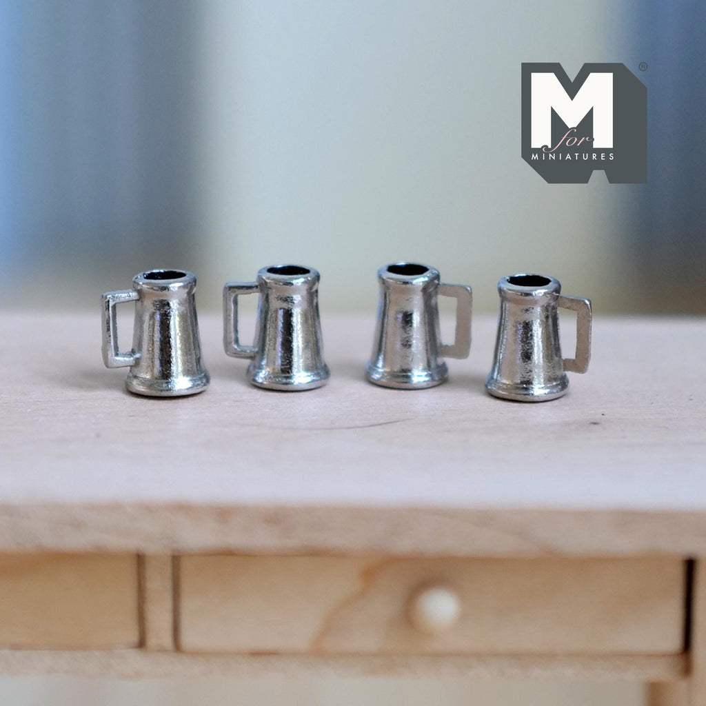 1:12 Scale Miniature Metal Beer Tankards with Handles, Set of 4, 7/16 inch tall, DIY Dollhouse Supply (silver)