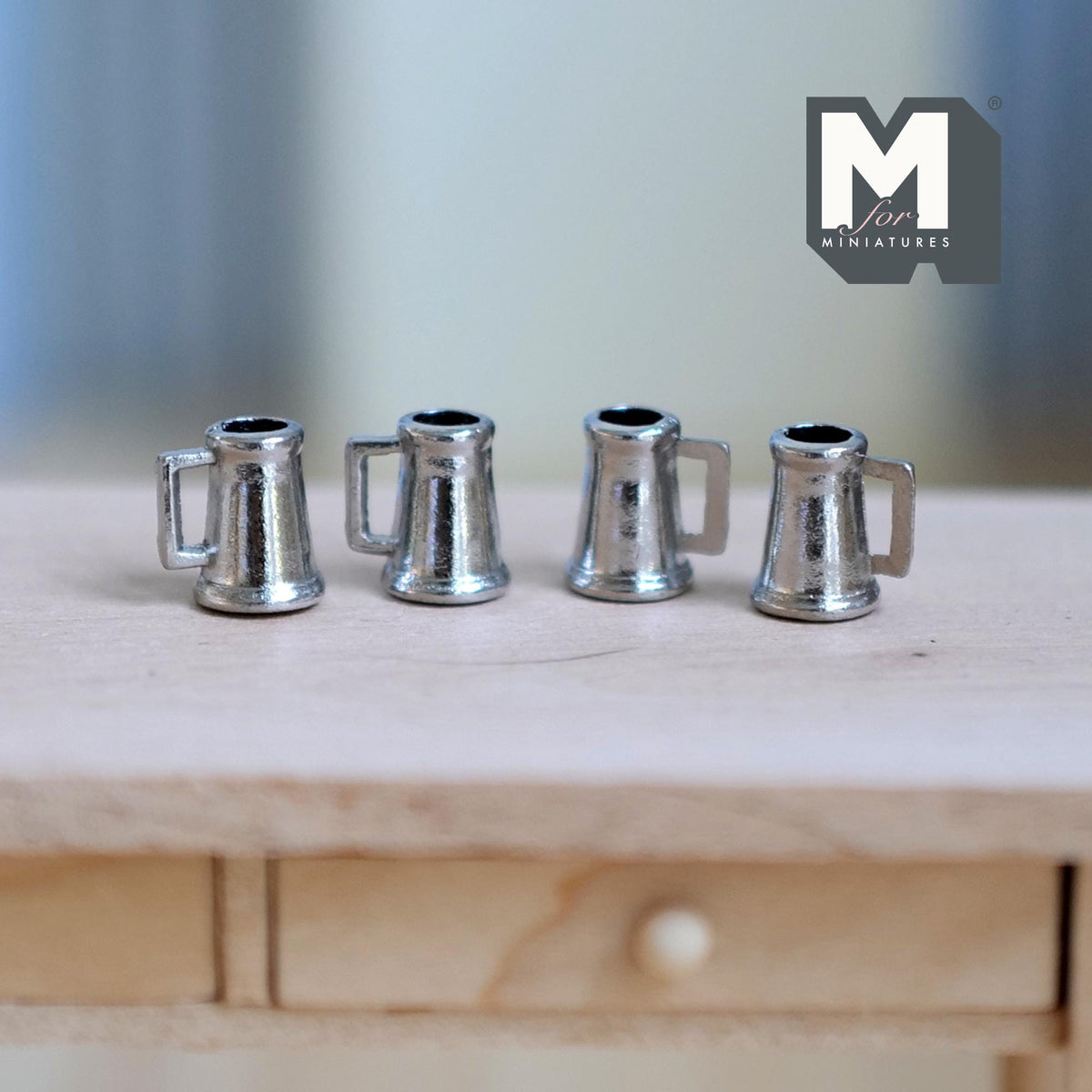 1:12 Scale Miniature Metal Beer Tankards with Handles, Set of 4, 7/16 inch tall, DIY Dollhouse Supply (silver)