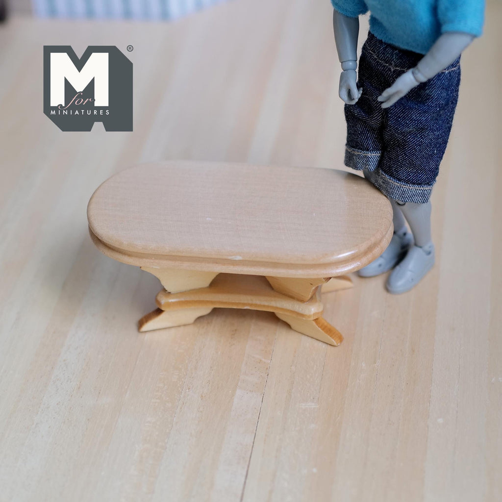 1:12 Scale Miniature Wood Oval Coffee Table, Trestle Base, 3-13/16 inch long, DIY Dollhouse Supply (pine) (stained)