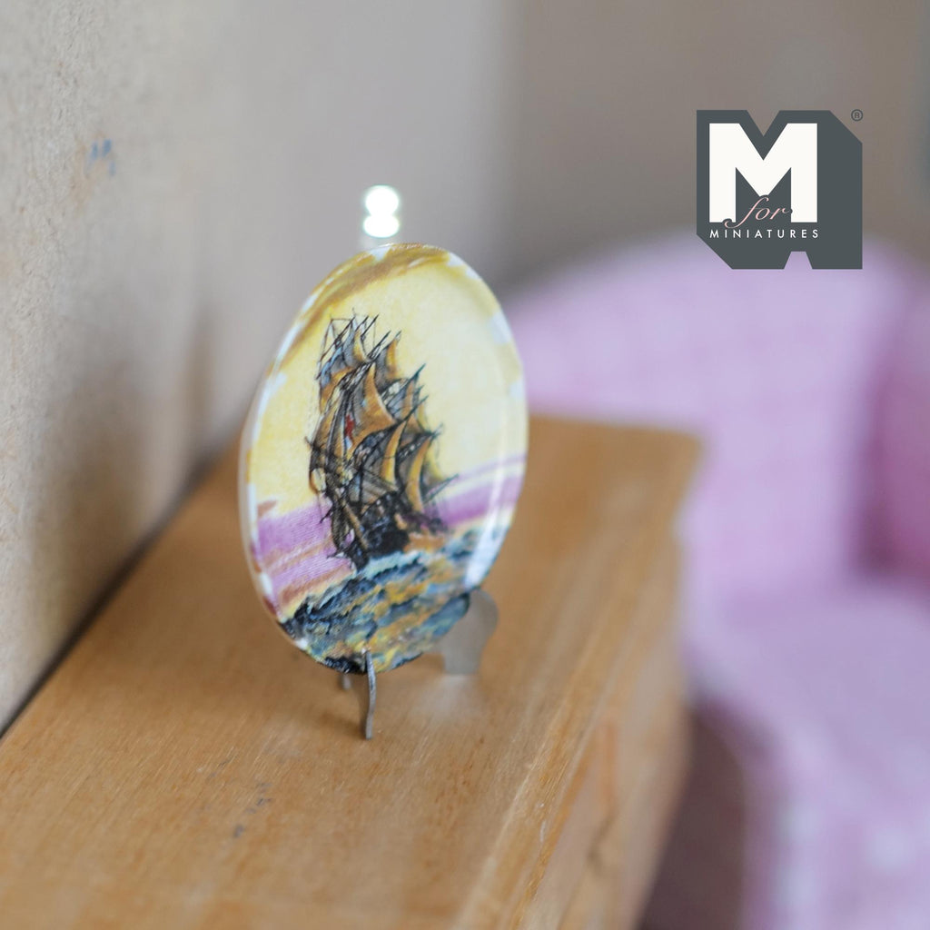 1:12 Scale Miniature Ceramic Decorative Plate with Sailing Ship, Metal Stand, 1-7/16 inch dia., DIY Dollhouse Supply (style a)