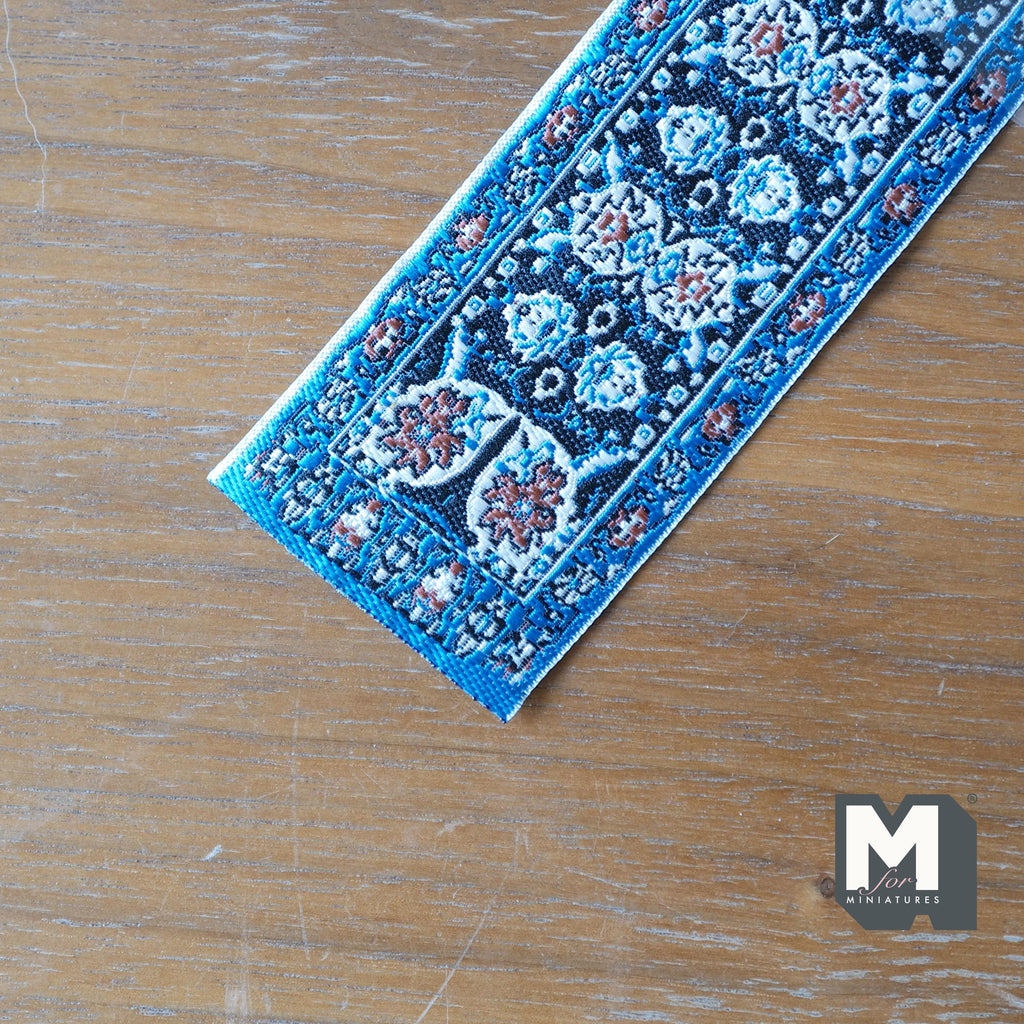 1:12 Scale Miniature Fabric Stair Runner, Medallion Pattern with Fringe, 19-5/16 inch long, DIY Dollhouse Supply (blue)