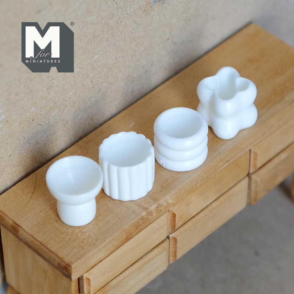 1:12 Scale Miniature Sculptural Vases, Set of 4, 13/16 inch tall, DIY Dollhouse Supply (resin) (white)
