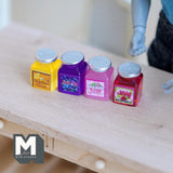 Miniature Fruit Jam Bottles Set of 4 , 1:12 Scale Dollhouse Supplies Food Bottles with Lids 9/16 inch tall (clear resin) - D051