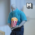 1:12 scale miniature resin popcorn bucket with popcorn, large size, red striped tub held by a jointed figure