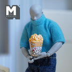 1:12 scale miniature resin popcorn bucket with popcorn, large size, yellow striped tub held by a jointed figure