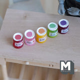 Miniature Fruit Jam Bottles Set of 5 , 1:12 Scale Dollhouse Supplies Food Bottles with Lids 1/2 inch tall (resin) - D050