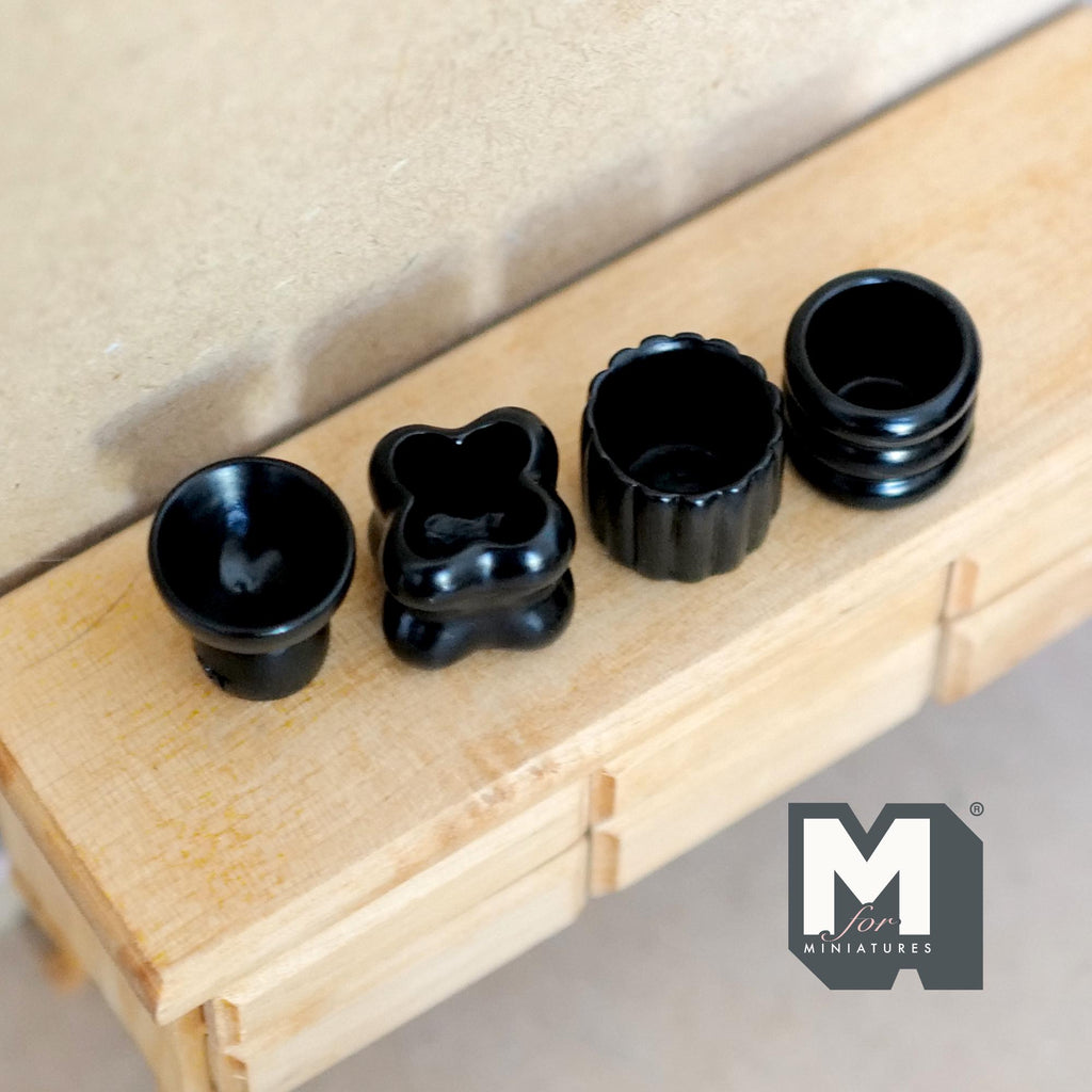 1:12 Scale Miniature Sculptural Vases, Set of 4, 13/16 inch tall, DIY Dollhouse Supply (resin) (black)