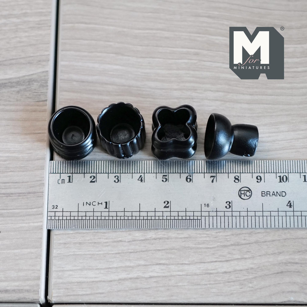 1:12 Scale Miniature Sculptural Vases, Set of 4, 13/16 inch tall, DIY Dollhouse Supply (resin) (black)