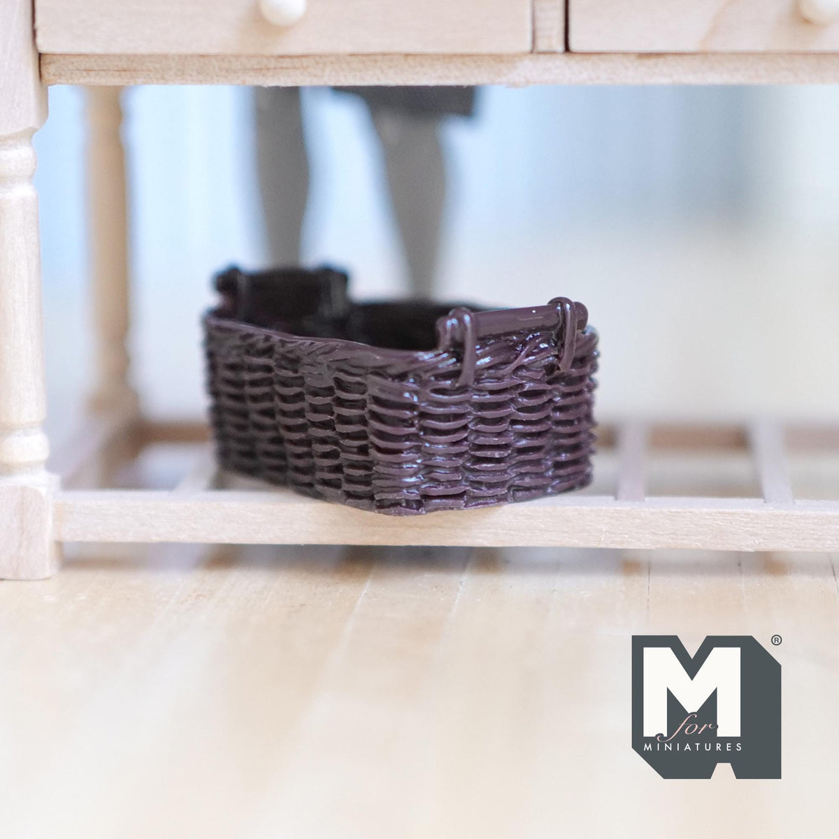 1:12 Scale Miniature Rattan Style Basket with Handles, 1-9/16 inch long, DIY Dollhouse Supply (resin) (dark brown)