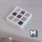 1:12 Scale Miniature Box of Chocolates, 9 Assorted Pieces, 3/16 inch tall, DIY Dollhouse Supply (non edible) (resin)