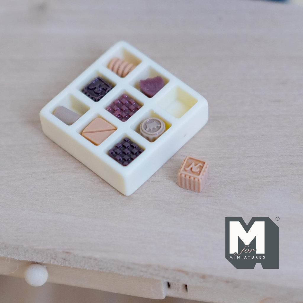 1:12 Scale Miniature Box of Chocolates, 9 Assorted Pieces, 3/16 inch tall, DIY Dollhouse Supply (non edible) (resin)