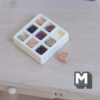 1:12 Scale Miniature Box of Chocolates, 9 Assorted Pieces, 3/16 inch tall, DIY Dollhouse Supply (non edible) (resin)