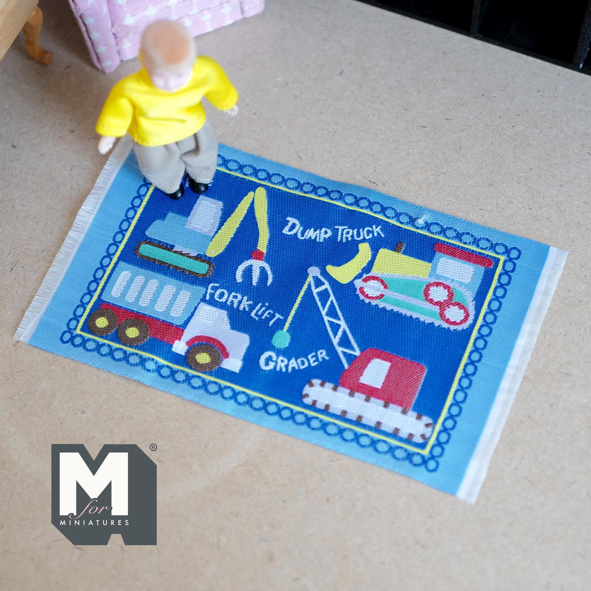 1:12 Scale Miniature Construction Vehicle Rug, Playroom Play Mat, 6-5/8 inch long, DIY Dollhouse Supply (blue)