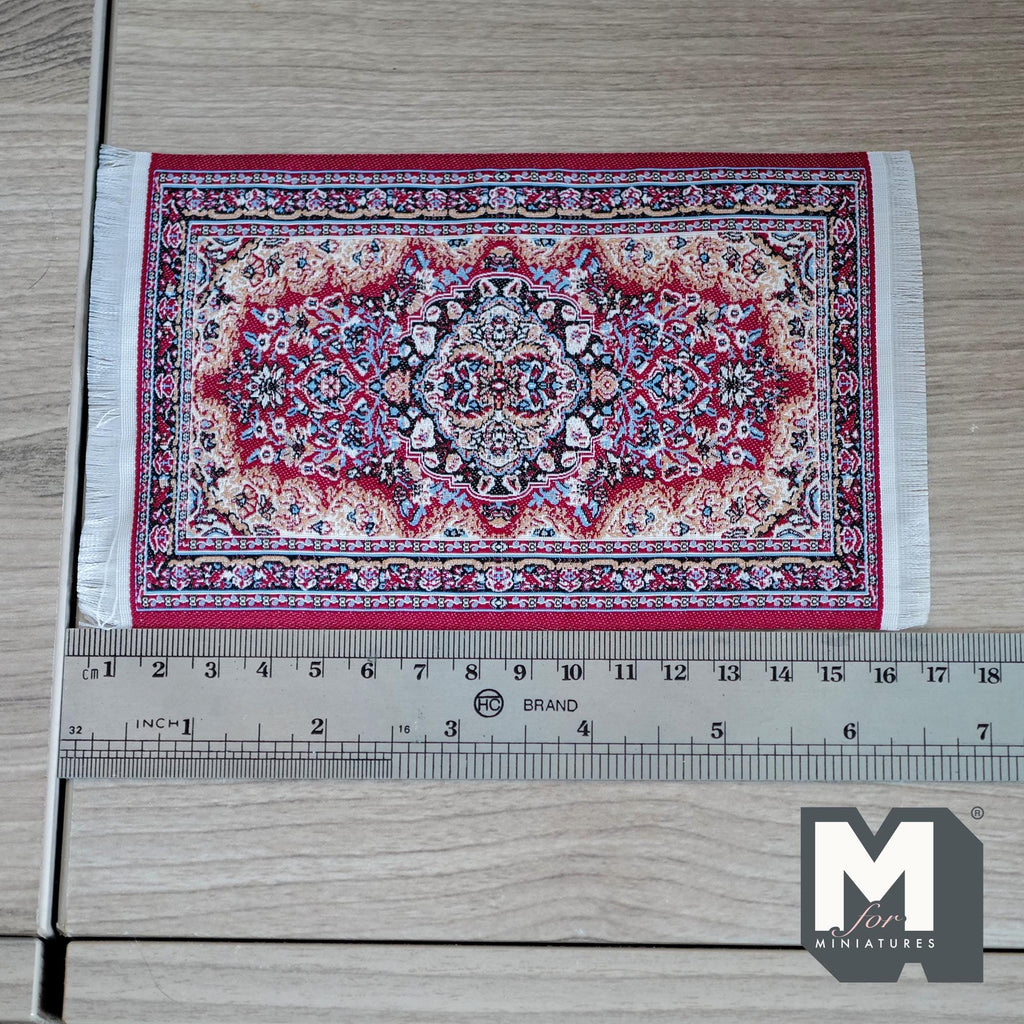 1:12 Scale Miniature Medallion Area Rug with Fringe, 6-7/16 inch long, DIY Dollhouse Supply (red)