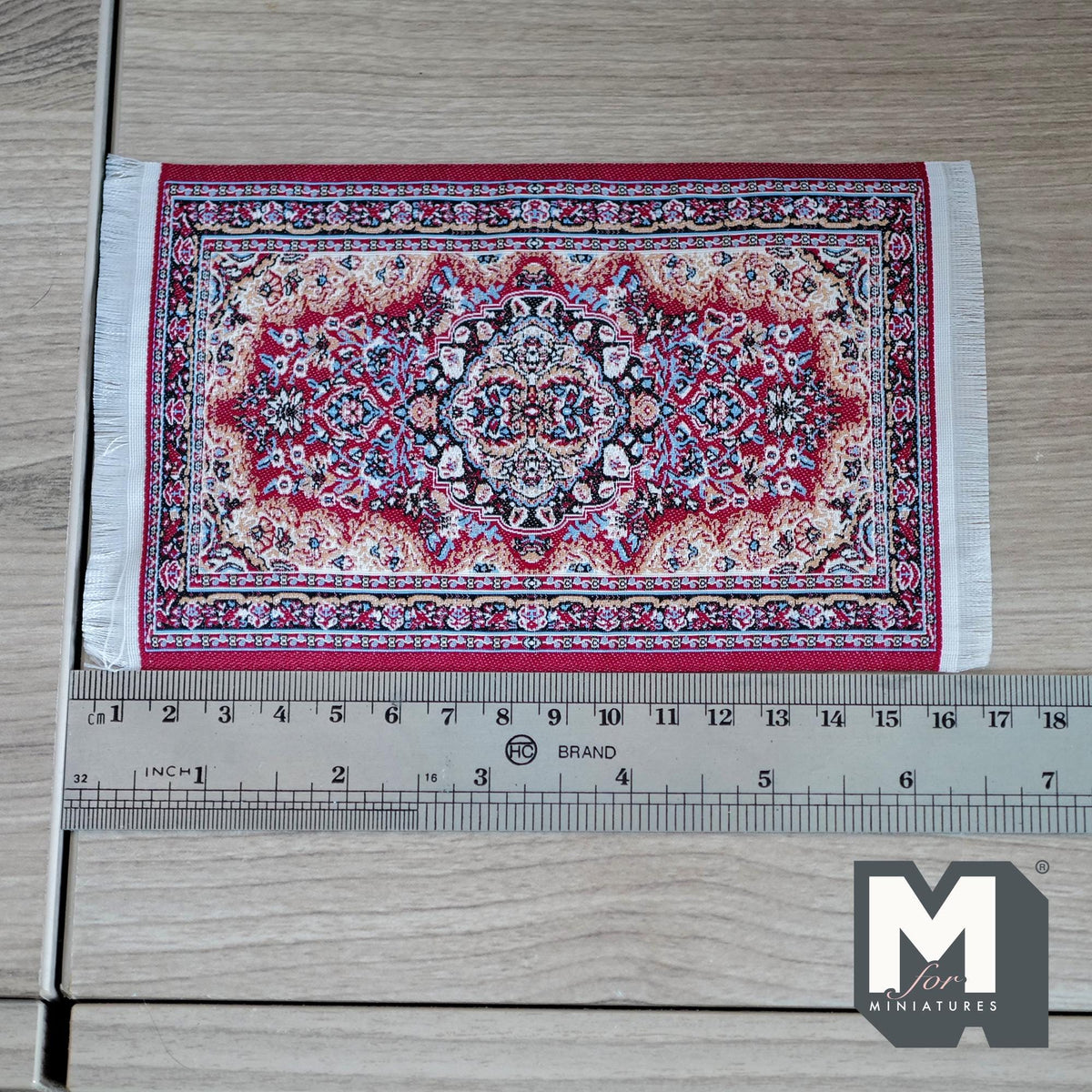 1:12 Scale Miniature Medallion Area Rug with Fringe, 6-7/16 inch long, DIY Dollhouse Supply (red)