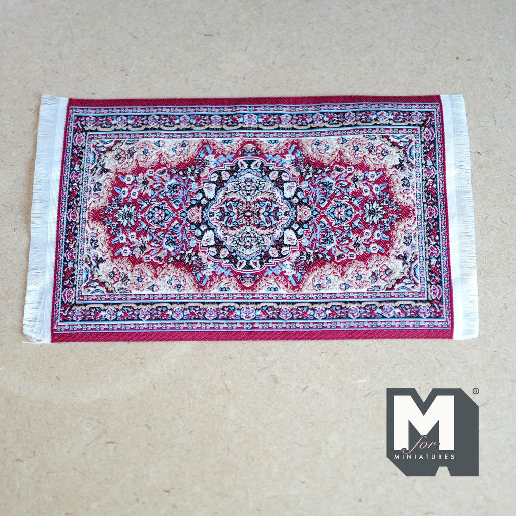 1:12 Scale Miniature Medallion Area Rug with Fringe, 6-7/16 inch long, DIY Dollhouse Supply (red)