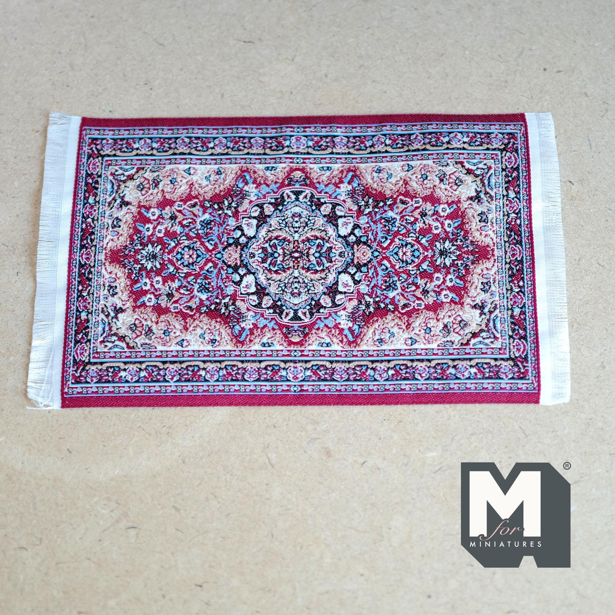 1:12 Scale Miniature Medallion Area Rug with Fringe, 6-7/16 inch long, DIY Dollhouse Supply (red)
