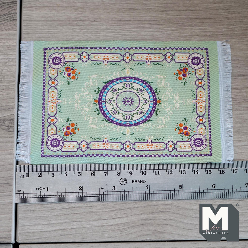1:12 Scale Miniature Medallion Area Rug with Fringe, Floral Corners, 6-1/2 inch long, DIY Dollhouse Supply (mint green)