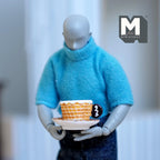 1:6 scale miniature waffle pattern cup and saucer, set of 2, dark brown, shown held by a poseable figure
