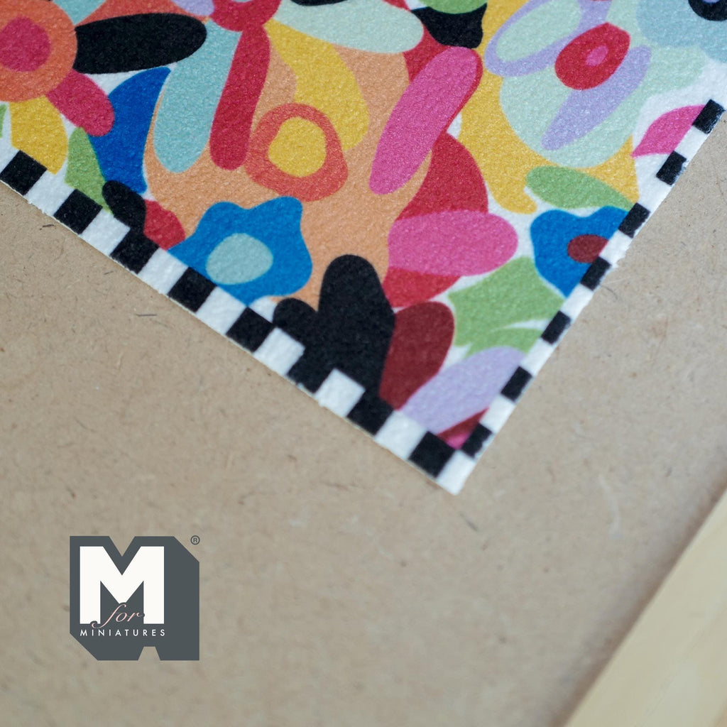 1:12 Scale Miniature Colorful Abstract Floral Area Rug, Checker Border, 8-11/16 inch long, DIY Dollhouse Supply