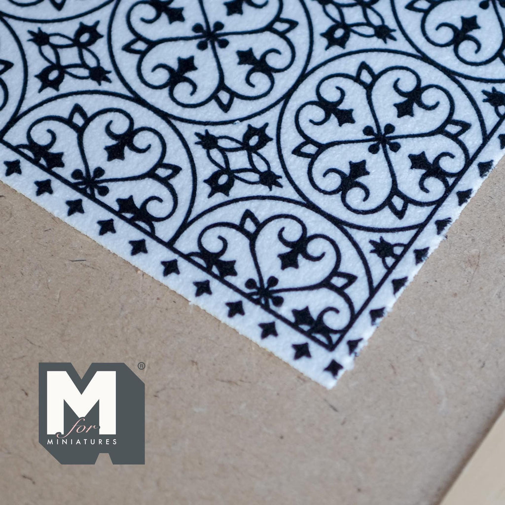 1:12 Scale Miniature Printed Area Rug Sheet, Black and White Geometric Tile Pattern, 8-11/16 inch long, DIY Dollhouse Supply