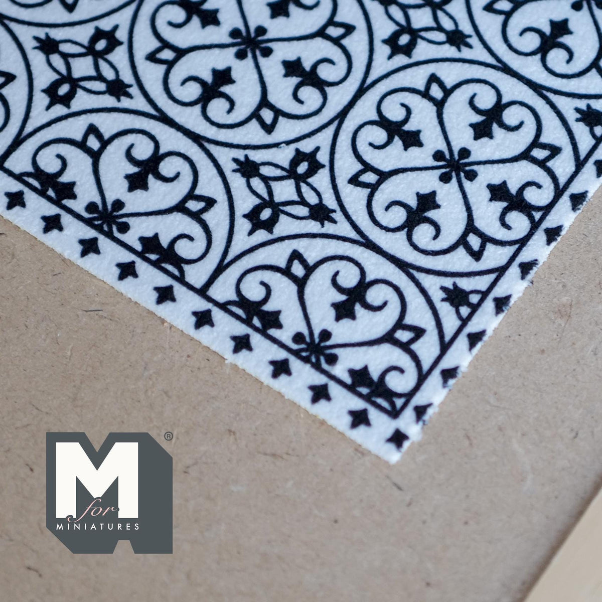 1:12 Scale Miniature Printed Area Rug Sheet, Black and White Geometric Tile Pattern, 8-11/16 inch long, DIY Dollhouse Supply