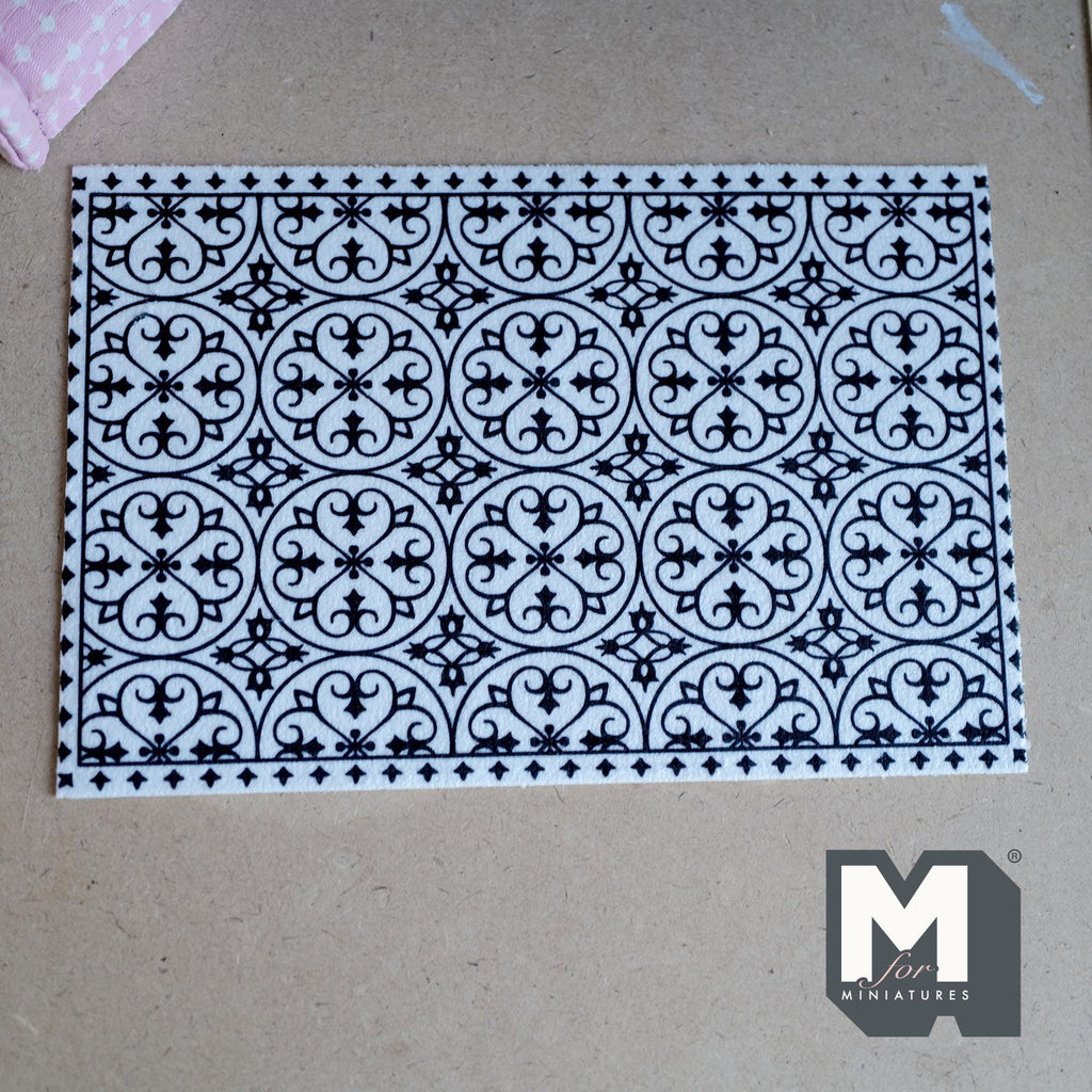 1:12 Scale Miniature Printed Area Rug Sheet, Black and White Geometric Tile Pattern, 8-11/16 inch long, DIY Dollhouse Supply