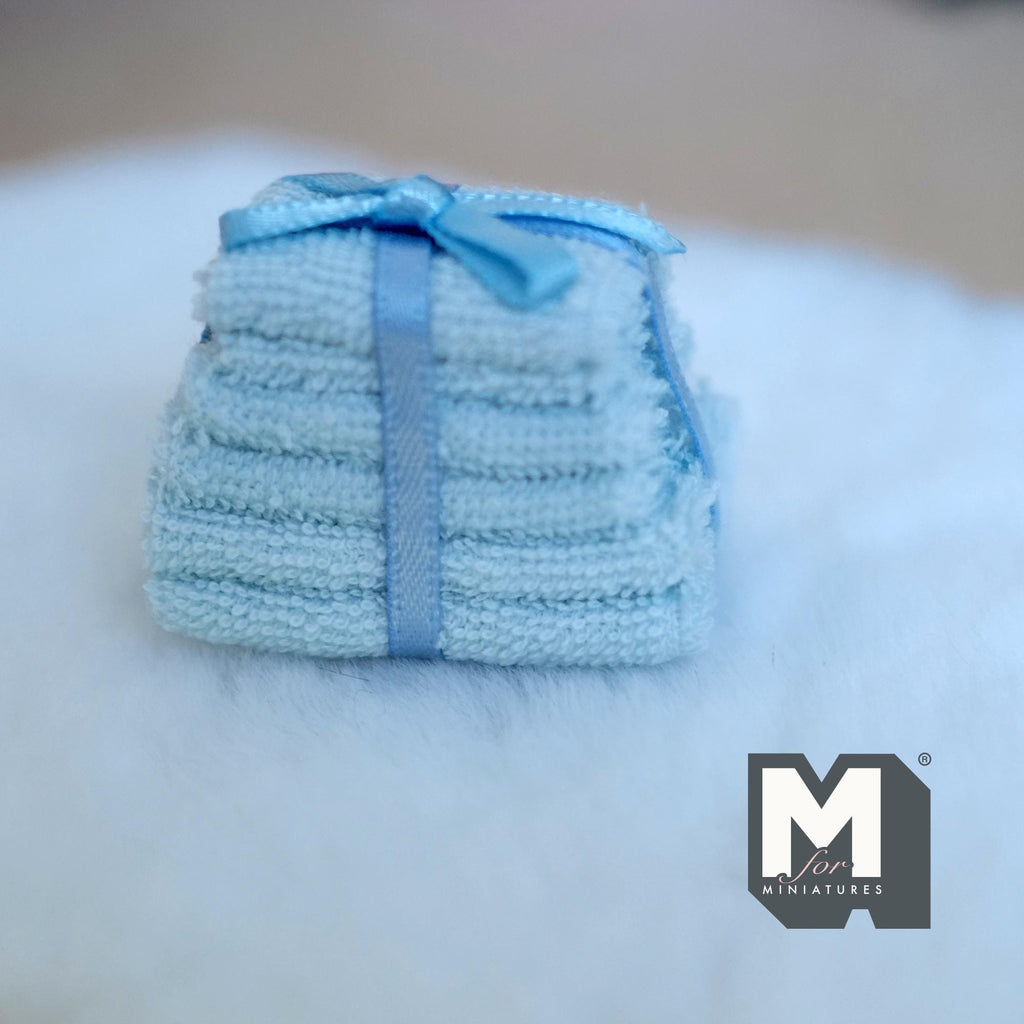 1:12 Scale Miniature Bath Towel Stack, Set of 6, 1-9/16 inch long, DIY Dollhouse Supply (blue)
