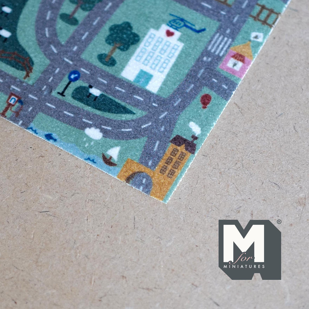 1:12 Scale Miniature City Road Play Mat, Printed Streets and Houses, 6-5/16 inch long, DIY Dollhouse Supply