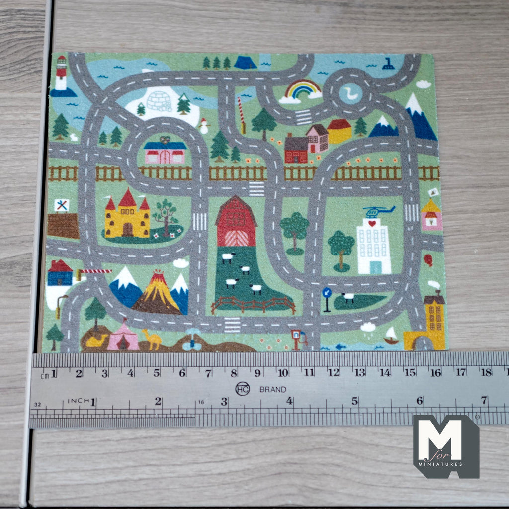 1:12 Scale Miniature City Road Play Mat, Printed Streets and Houses, 6-5/16 inch long, DIY Dollhouse Supply