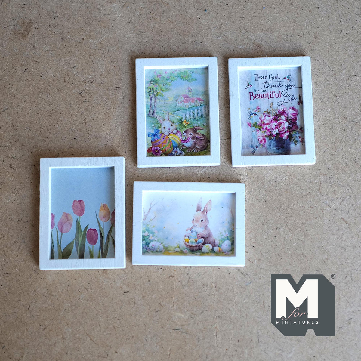 1:12 Scale Miniature Wood Framed Spring Wall Art, Bunnies and Tulips, Set of 4, 1-9/16 inch tall, DIY Dollhouse Supply