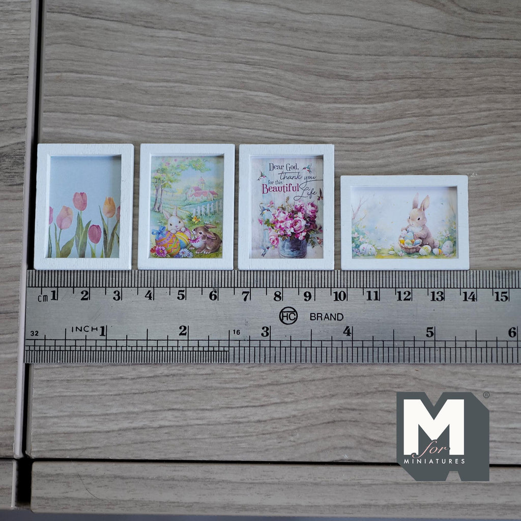 1:12 Scale Miniature Wood Framed Spring Wall Art, Bunnies and Tulips, Set of 4, 1-9/16 inch tall, DIY Dollhouse Supply
