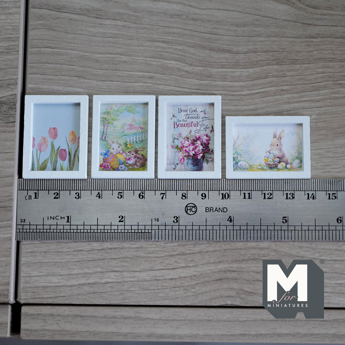 1:12 Scale Miniature Wood Framed Spring Wall Art, Bunnies and Tulips, Set of 4, 1-9/16 inch tall, DIY Dollhouse Supply
