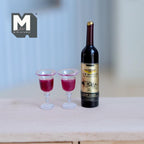 1:12 Scale Miniature Wine Bottle with 2 Glasses of Red Wine, 1-3/4 inch tall, DIY Dollhouse Supply