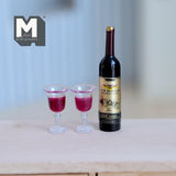 Miniature Wine Bottle and Glasses Set of 2 , 1:12 Scale Dollhouse Wine Bottle and Glasses (plastic) - B032