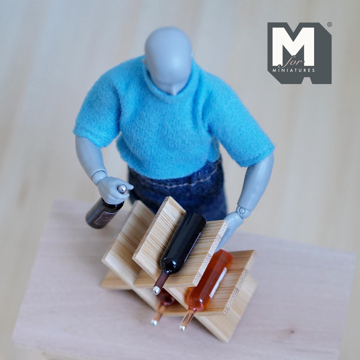 1:12 Scale Miniature Bamboo Wine Rack with 4 Wine Bottles, X Style, 1-3/8 inch tall, DIY Dollhouse Supply