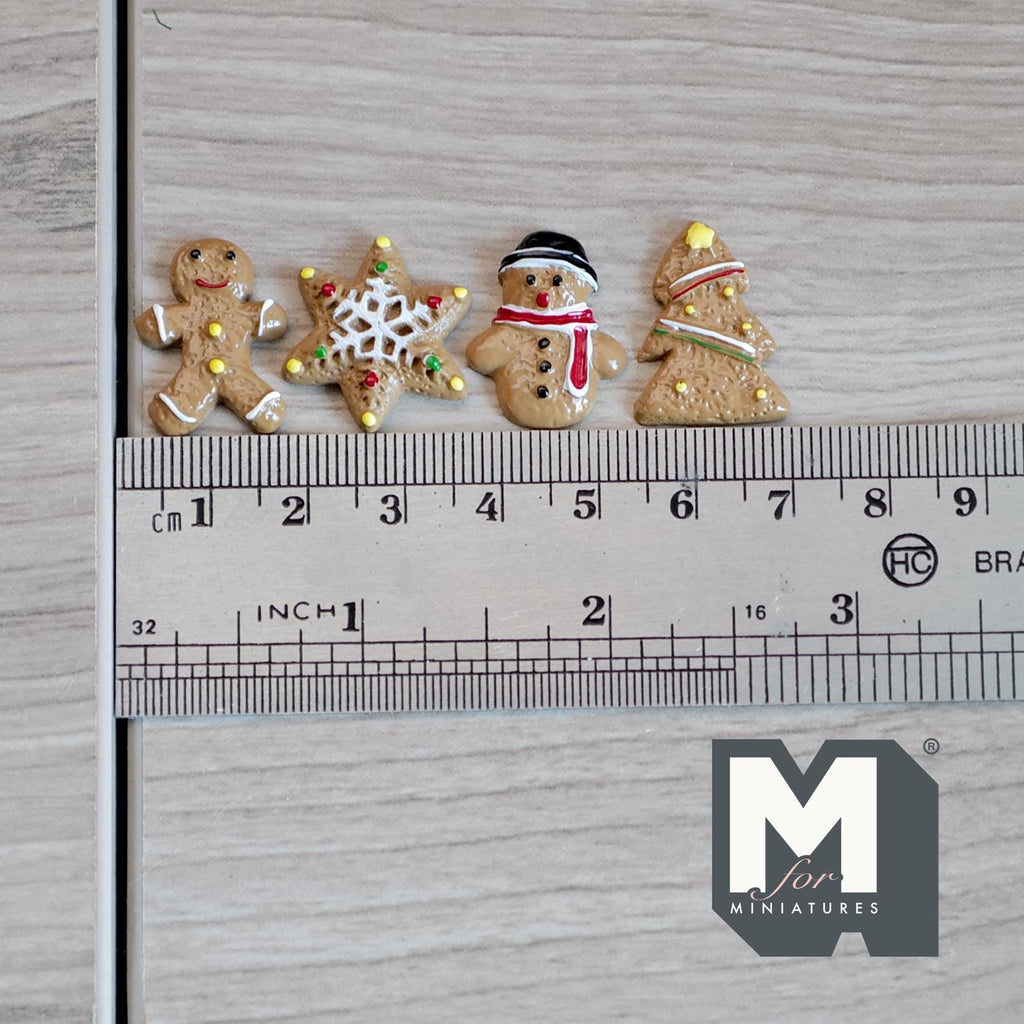 1:12 Scale Miniature Gingerbread Christmas Cookies, Set of 4, 13/16 inch long, DIY Dollhouse Supply (non edible)