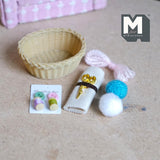 Dollhouse Miniature Sewing Kit 1:12 Scale Rattan Style Basket Scissors Fabric Spool Thread Set of 6 - F017