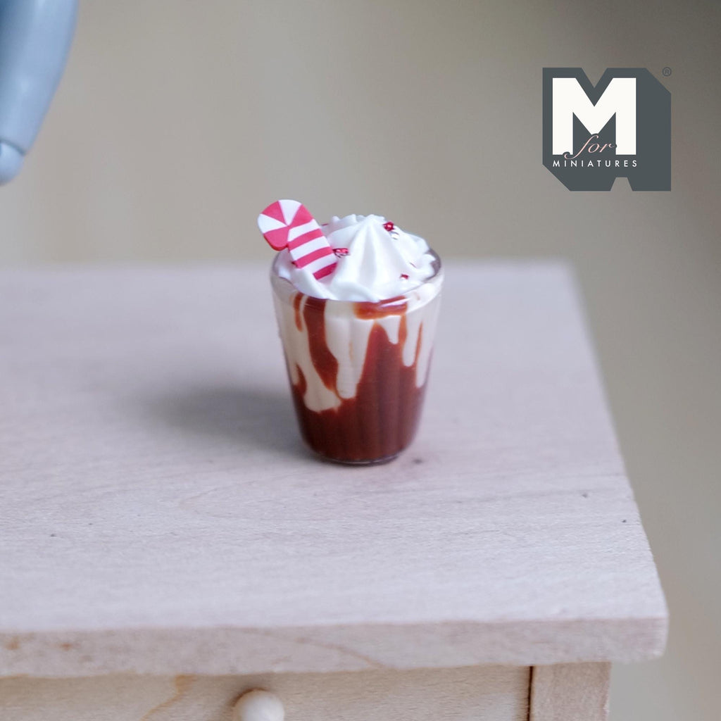 1:12 Scale Miniature Hot Chocolate with Whipped Cream and Candy Cane, Large, 7/8 inch tall, DIY Dollhouse Supply