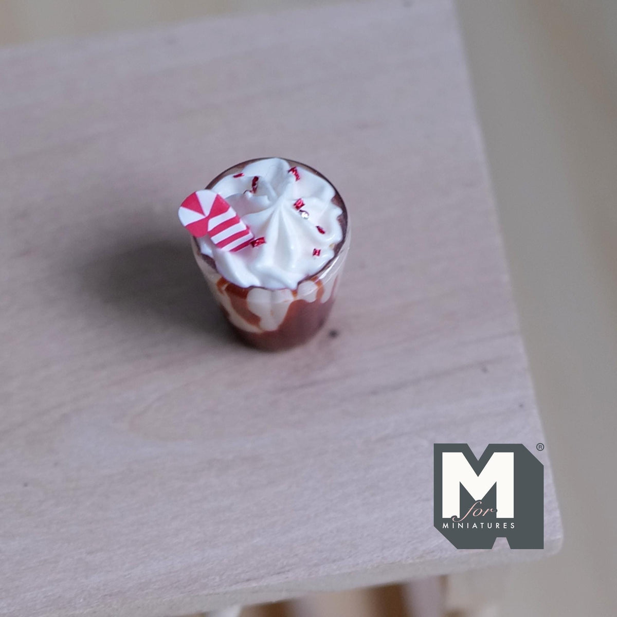 1:12 Scale Miniature Hot Chocolate with Whipped Cream and Candy Cane, Large, 7/8 inch tall, DIY Dollhouse Supply
