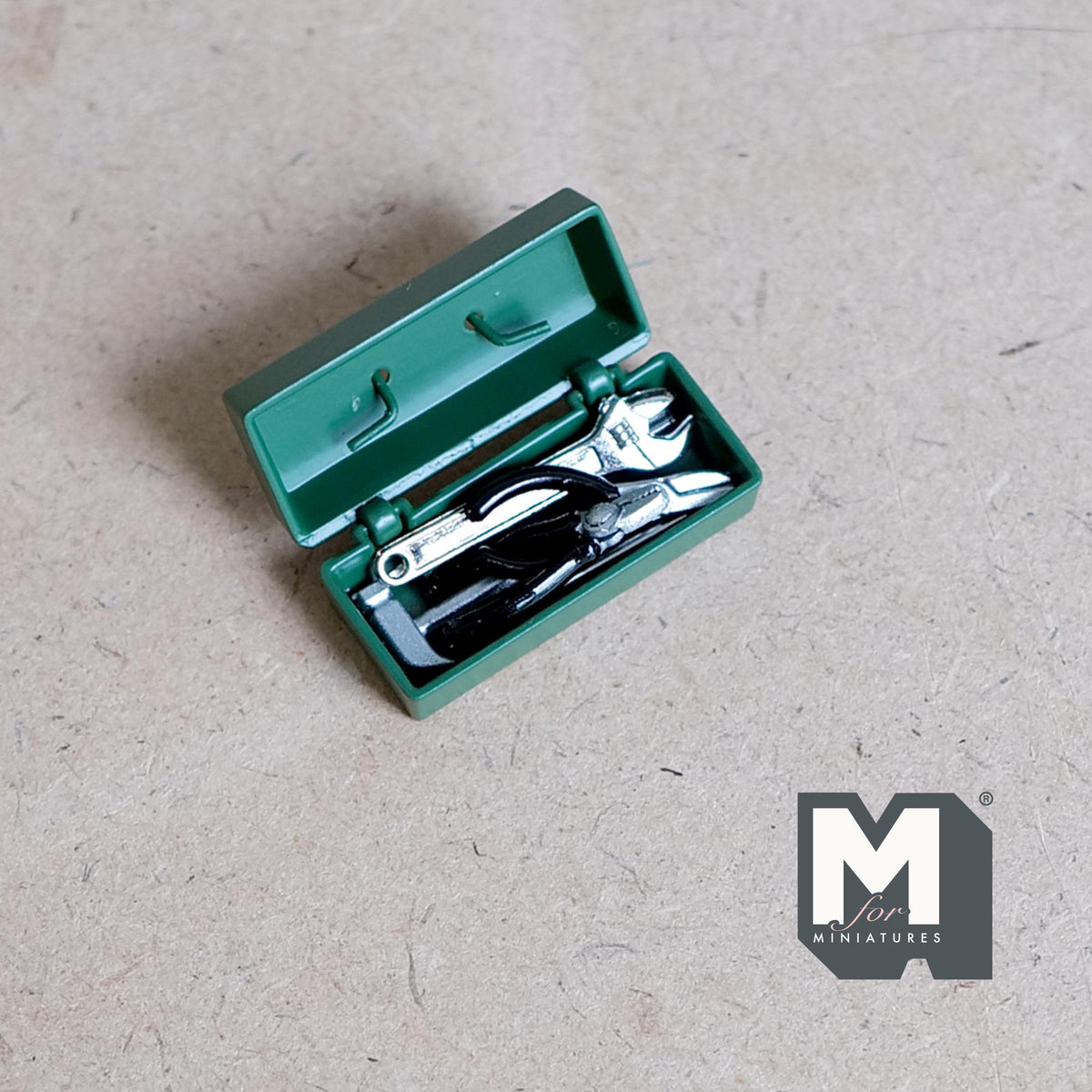 1:12 Scale Miniature Metal Tool Box with Tools, Set of 7, 1-1/4 inch long, DIY Dollhouse Supply (green)