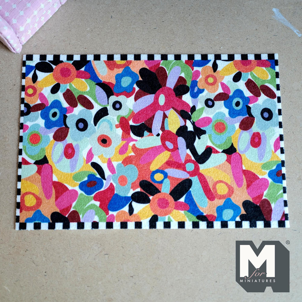 1:12 Scale Miniature Colorful Abstract Floral Area Rug, Checker Border, 8-11/16 inch long, DIY Dollhouse Supply