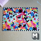 Miniatura in scala 1:12 tappeto colorato a fiori astratti con bordo a scacchi, lungo 8-11/16 inch, accessori fai da te per casa delle bambole