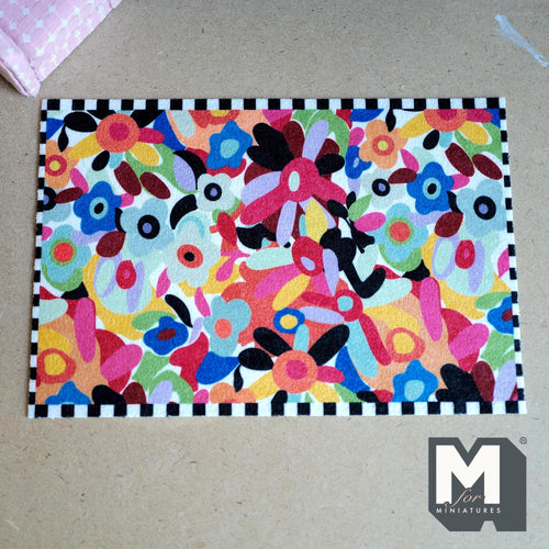 1:12 Scale Miniature Colorful Abstract Floral Area Rug, Checker Border, 8-11/16 inch long, DIY Dollhouse Supply