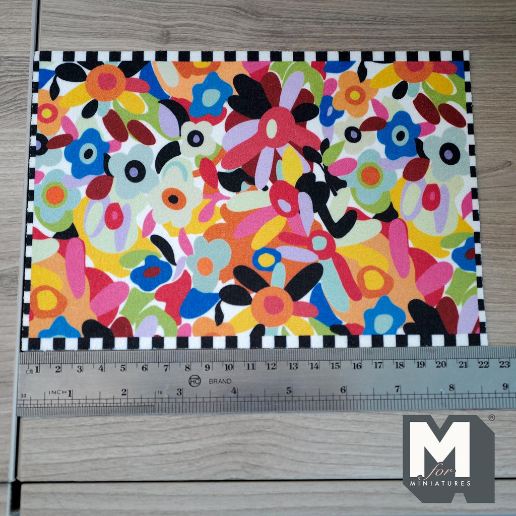 1:12 Scale Miniature Colorful Abstract Floral Area Rug, Checker Border, 8-11/16 inch long, DIY Dollhouse Supply