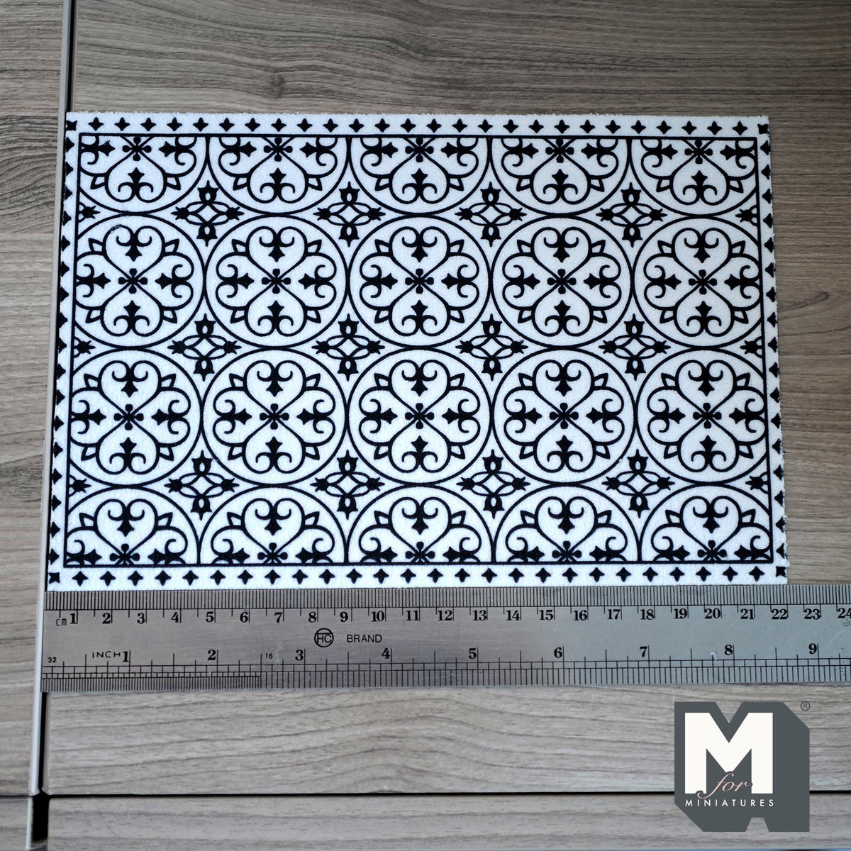 1:12 Scale Miniature Printed Area Rug Sheet, Black and White Geometric Tile Pattern, 8-11/16 inch long, DIY Dollhouse Supply