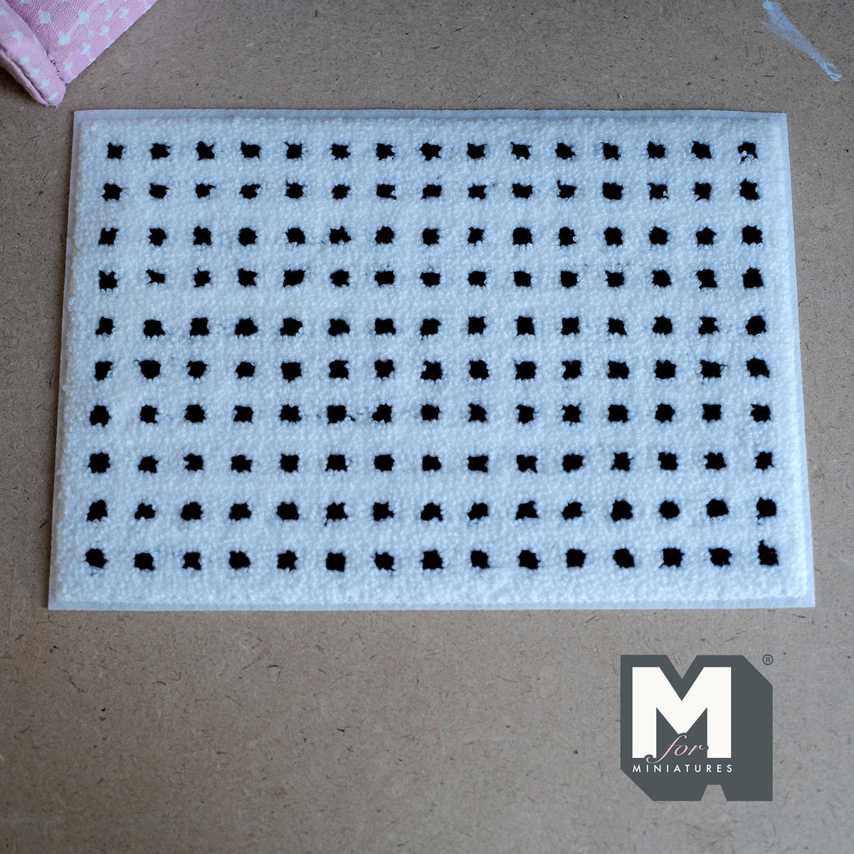 1:12 Scale Miniature Black and White Dotted Grid Area Rug, 8-11/16 inch long, DIY Dollhouse Supply