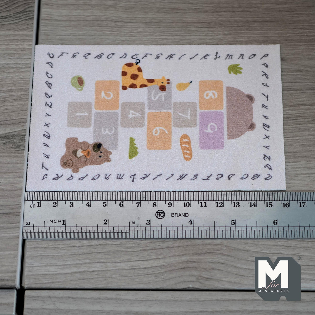 1:12 Scale Miniature Printed Hopscotch Play Rug, Animals and Alphabet Letters, 6-3/16 inch long, DIY Dollhouse Supply (beige)