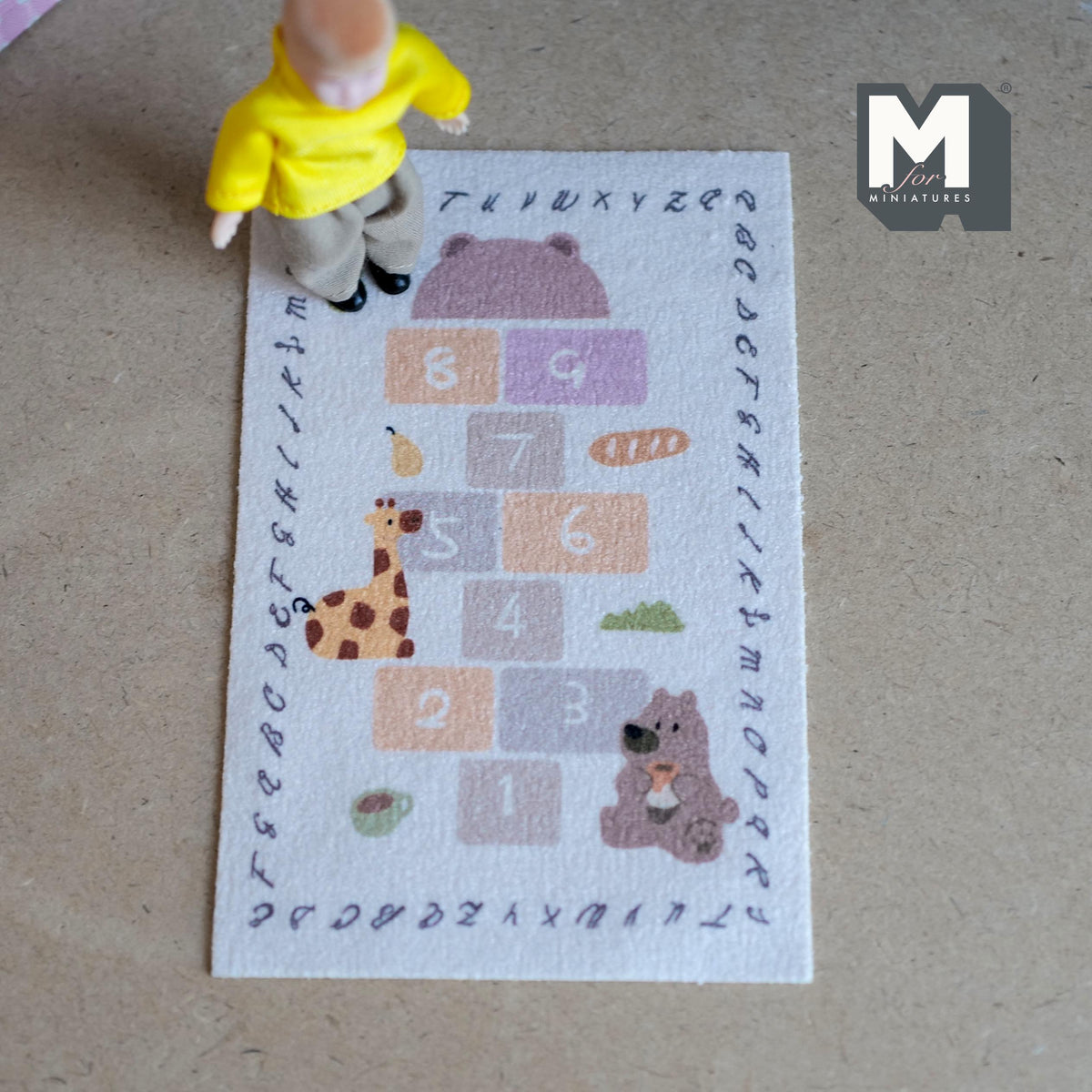 1:12 Scale Miniature Printed Hopscotch Play Rug, Animals and Alphabet Letters, 6-3/16 inch long, DIY Dollhouse Supply (beige)